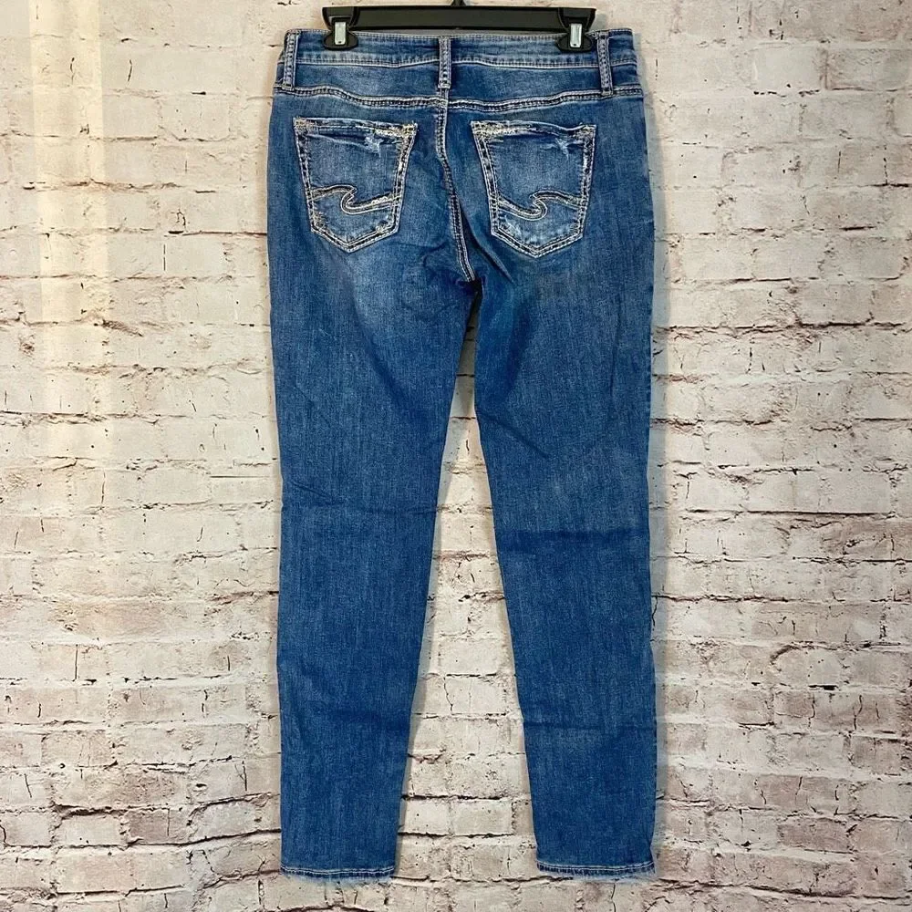 Silver Jeans Co. Women's Blue Medium Wash Light Distress Skinny Jeans Size 29 - Picture 7 of 10